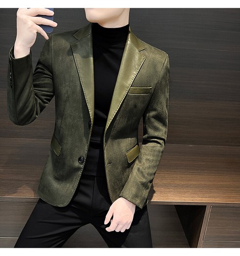 Suede Casual Suit Jacket Men Autumn Leather Business Formal Two Button Coat Suit - Picture 19 of 23