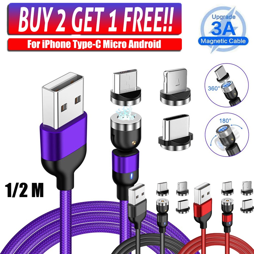 360°/180° Fast Magnetic Cable Type C Micro USB Charger Cord For Android Phone