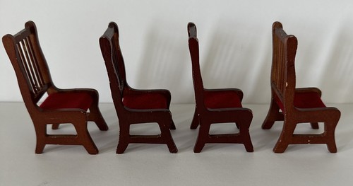 Dollhouse Dining Table Set With 4 Chairs Scale 1:12 Dark Wood Red Fabric - Picture 9 of 18