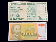 Yugoslavia 5 Billion Dinara & 25 Billion Dollar Agro Cheque Zimbabwe Banknote