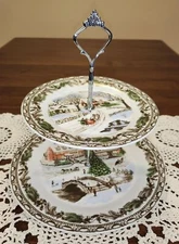 Gibson Christmas Toile Two Tier Cake Stand; Christmas Tiered Tray; Tea Service