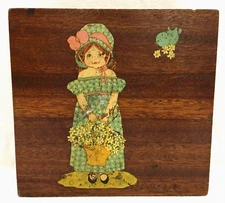 Trinket Box Wood Hinged Decoupage Girl Basket Bird Handmade 8.5" Wide Vintage