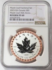 2023 SILVER CANADA GILT MAPLE LEAF 35TH ANNIVERSARY 1 OZ 9999 NGC REVERSE PF 69