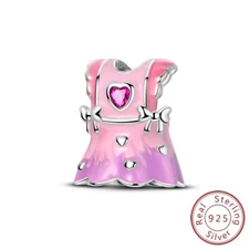 MULA Solid 925 Sterling Silver DIY Charm CZ Enamel Pink Dress For Women Bracelet