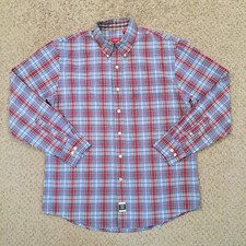 Izod Shirt Mens Medium Blue Red Plaid Long Sleeve Button Up
