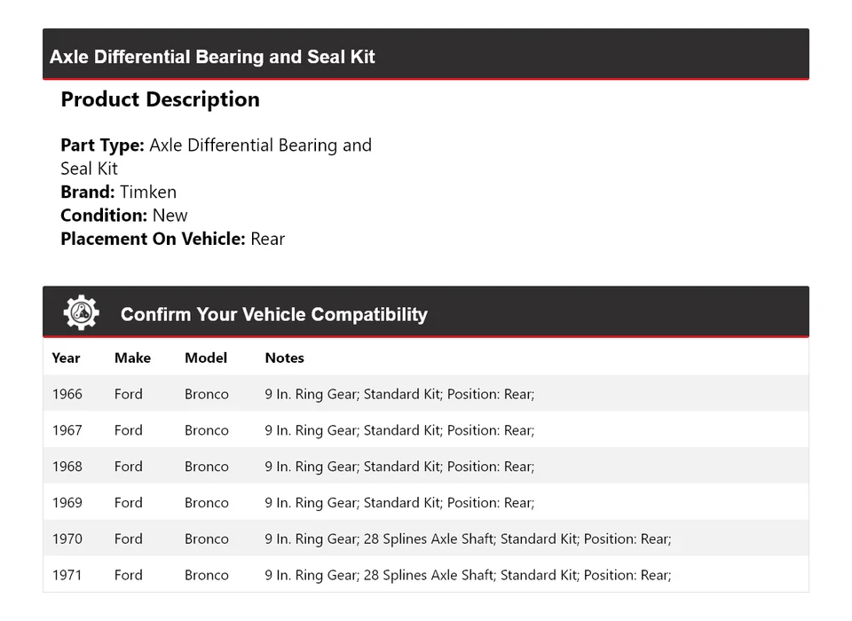 Kit de cojinete y sello diferencial eje trasero Timken para Ford Bronco 1966-1971 Foto 2 de 3