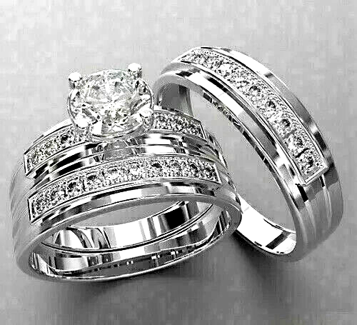 His/ Her Lab Created Diamond Trio Wedding Ring Set 14K White Gold Plated - Picture 1 of 1