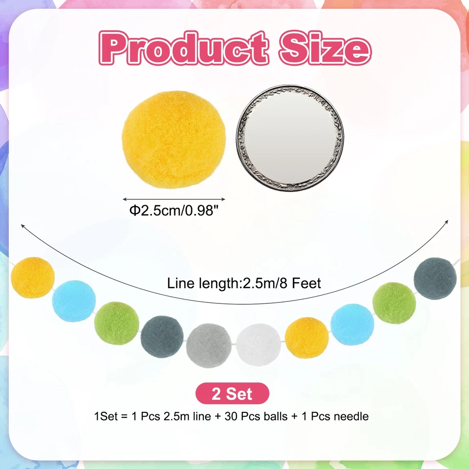 2 Комплект войлок мяч гирлянда, 8 футов Pom Pom гирлянда (зеленый, желтый, серый, синий, белый) - Изображение 2 из 4