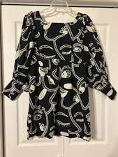 FARM RIO Sz M Richelieu Faces Black & White Embroidered Back-Bow Mini Dress