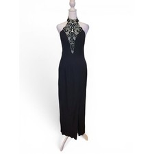 Vintage 80s Zum Zum Goth Retro Glam Black Sequin Jeweled Halter Maxi Dress