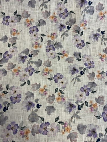 White & Lilac Floral Printed 70% Linen 30% Cotton Fabric. Sold By The Metre