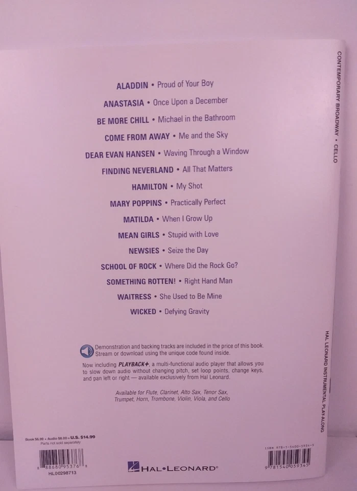 Hal Leonard Contemporary Broadway Cello Play Along Music Book - New.     (BR2.1) - Image 2 of 4