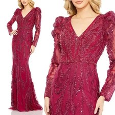 MAC DUGGAL 20349 Women's Embellished Puff Sleeve V Neck Gown Berry 18 NWT $998