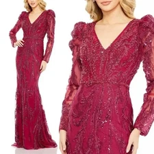 MAC DUGGAL 20349 Women's Embellished Puff Sleeve V Neck Gown Berry 18 NWT $998