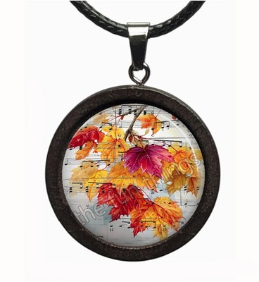 Wood & Glass Autumn Leaves Cord Necklace 22'' Handmade Fall Fashion Jewelry Gift