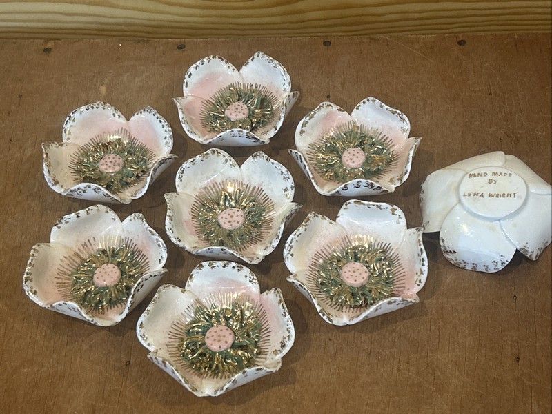 Lot of 8 Vtg 1950s Small Ceramic Nut Cups Handmade White Pink Gold Floral Signed