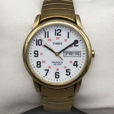 Timex Indiglo Mens Watch 35mm White Dial Gold Tone Expansion WR30M New Battery