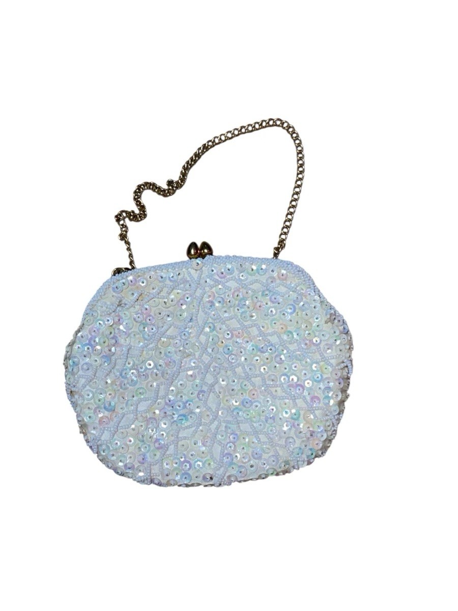 Vintage White Iridescent Beaded Sequin Evening Bag Clutch Gold Clasp 1950s 1960s