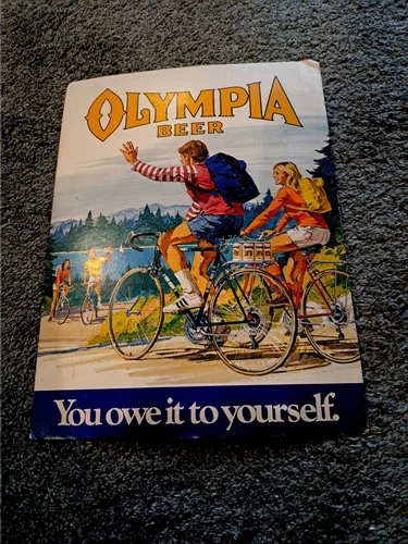 Vintage Olympia Beer Sign You Owe it to Yourself Cardboard 13.5 x 10 INCHES