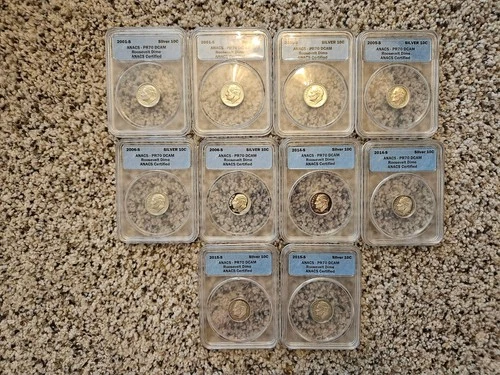 LOT OF 10 ~ 2001S 2005S 2006S 2014S 2015S Silver Proof Roosevelt ANACS PR70 DCAM