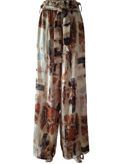 Made in France Pleated Palazzo Pants Wide Leg Shimmer Boho Abstract Multicolor M