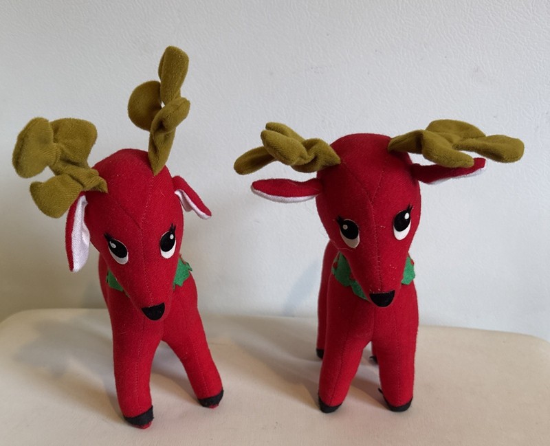 Pair Of Vintage Dakin Dream Pets Reindeer W/ Bell Red Velvet 10" Tall Christmas