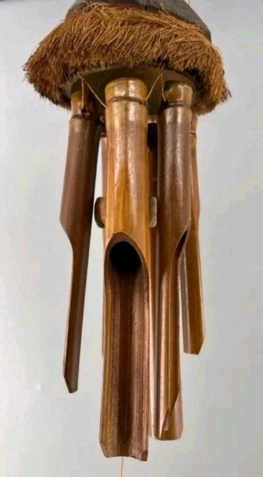 Vintage Handgefertigtes Bambus Windspiel Kokosnuss Dach | Melodische Klangröhren - Bild 2 von 4