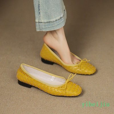 Women's Ballet 100% Real Leather Woven Weave Shoes Moccasins Loafers Slip On New