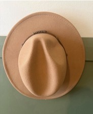 Tan Felt Wide Brim Hat with Brown Band and Beaded Detail