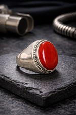 925 Sterling Silver Classic Red Agate Ring, Oval Aqeeq Gemstone Ring