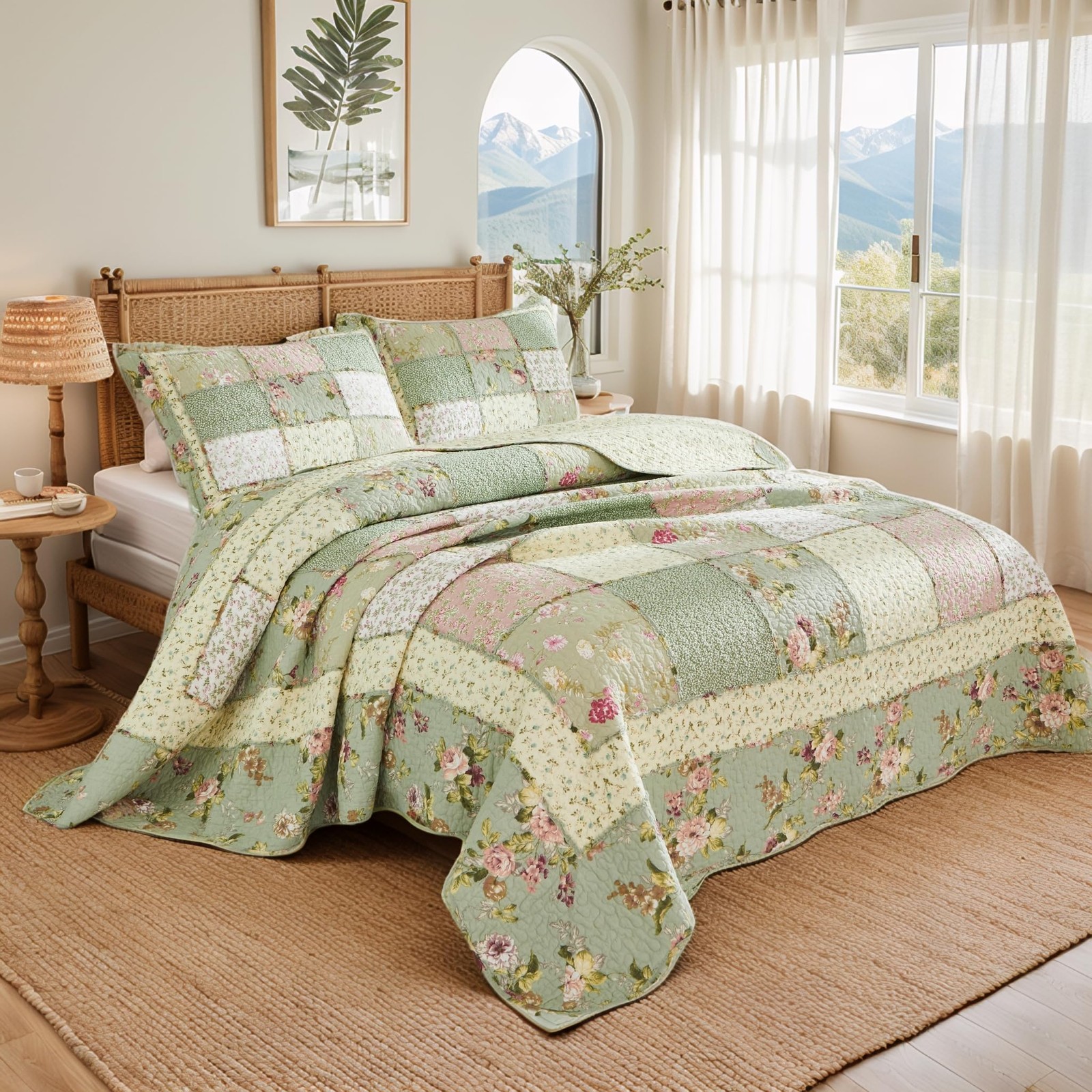 King Size Quilt Set Cotton Patchwork Quilts Green Rose Floral Quilted Comfort...