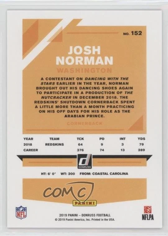 2019 Panini Donruss Press Proof Black /10 Josh Norman #152 - Image 2 of 2