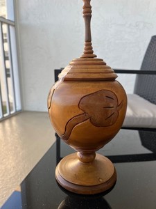 Vintage Mid Century Turned Wood Urn Lidded Bowl Vase Made in Haiti