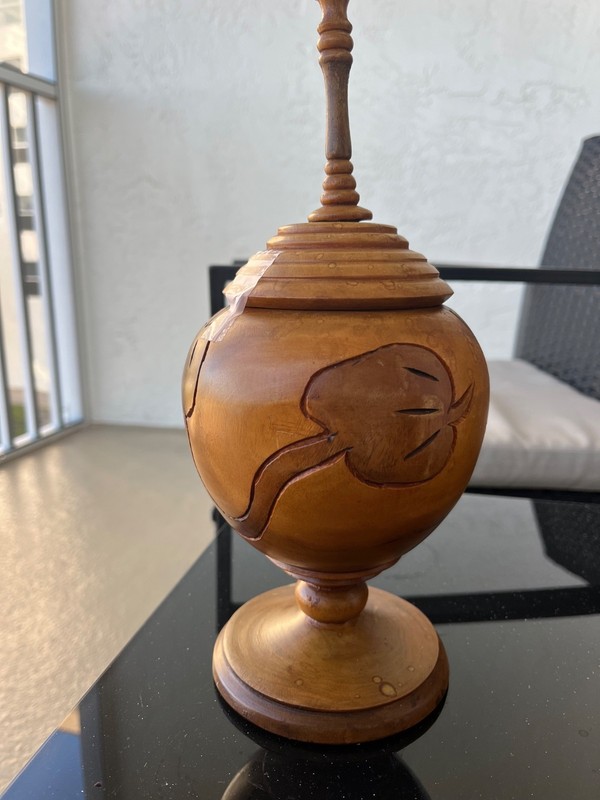 Vintage Mid Century Turned Wood Urn Lidded Bowl Vase Made in Haiti