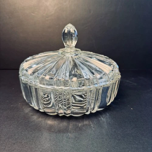 Vtg Anchor Hocking Old Cafe Pressed Glass Candy Dish with Lid Ribbed Sunburst