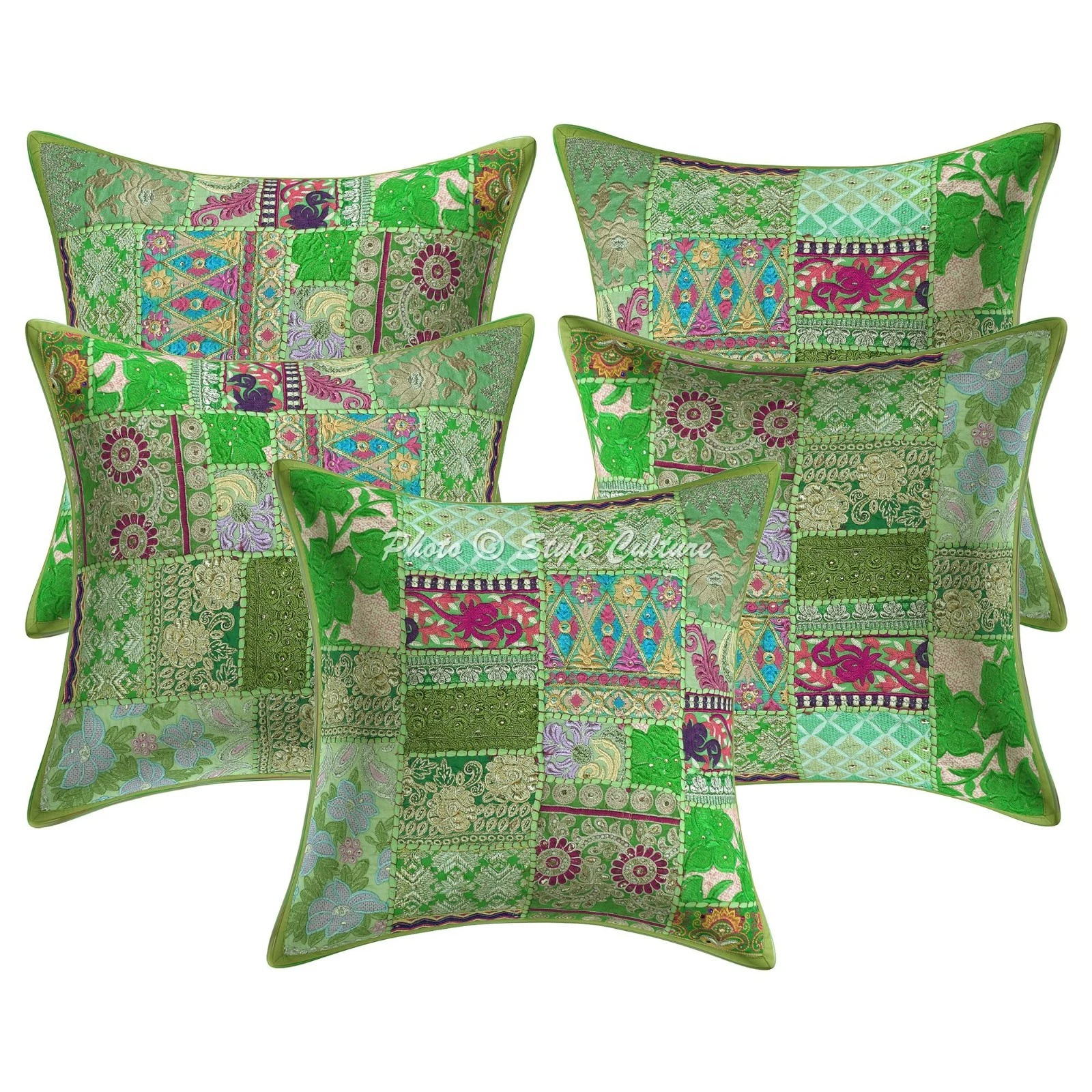 Ethnic Vintage Patchwork Throw Pillow Covers Cotton Green 18x18 Boho Home Decor