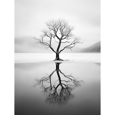 Einsamer Baum am gefrorenen See Winterlandschaft schwarz weiß riesiges Wandbild Poster Druck