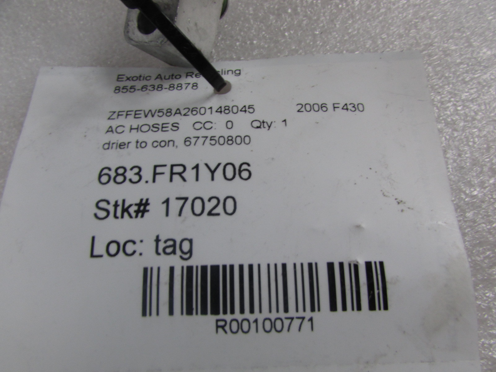 Ferrari F430, Condenser to Filter AC Hose, Used, P/N 67750800