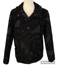 ZENERGY BY CHICO'S WOMEN'S FLOCKED BLACK LINED JACKET WITH POCKETS SZ 1 EUC