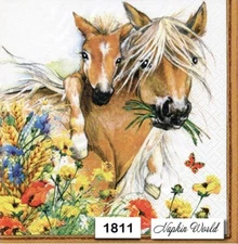 (1811) TWO Individual Paper LUNCHEON Decoupage Napkins - HORSE FOAL FLOWERS