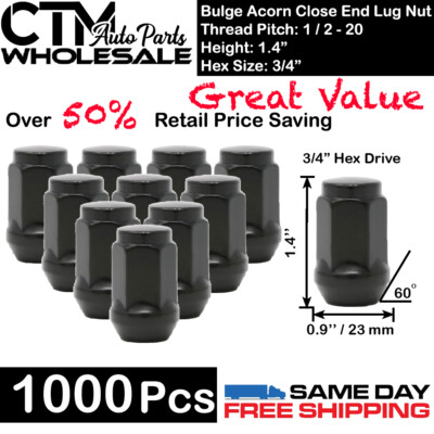 1000 PC 1.4'' TALL BLACK 1/2-20 BULGE ACORN LUG NUTS CLOSE END WHOLESALE SAVING