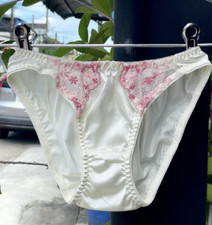 Slippery Nylon Sissy Panty VTG Light Yellow Silky Bikini Sz.5 Floral Lace Briefs