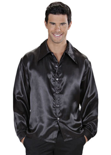 Mens 70s Disco Costume Black Satin Shirt Fancy Dress Saturday Fever Outfit NEW - Afbeelding 1 van 6