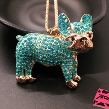 Fashion Women Blue Rhinestone Bling Cute Pug Dog Crystal Pendant Chain Necklace