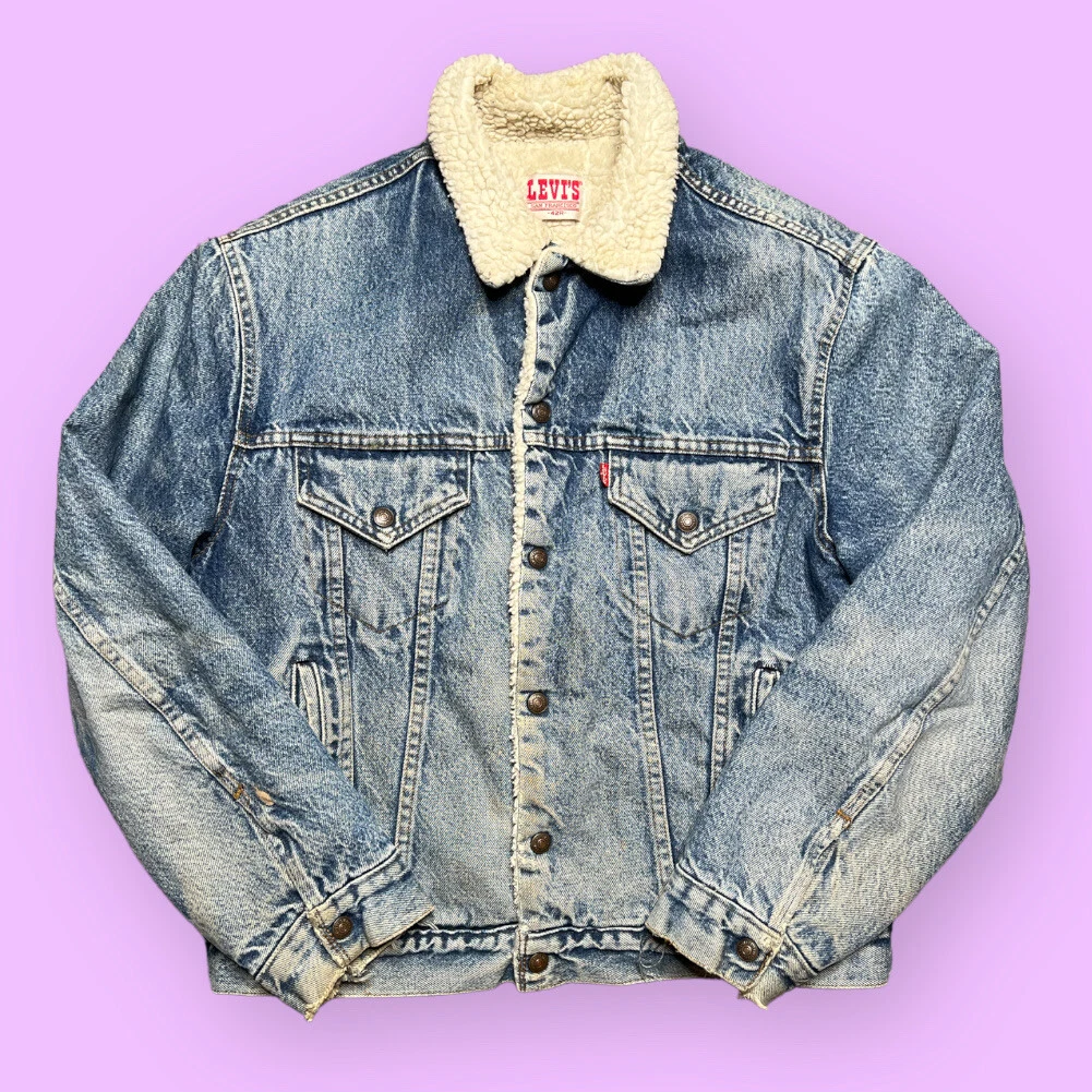 Vintage Levi’s Sherpa Denim Jacket 1980s Distressed Men’s Size 42 Vtg 80s