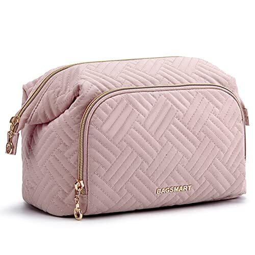 Large Pink Travel Makeup Bag with Wide Opening - Cosmetic Organizer Case