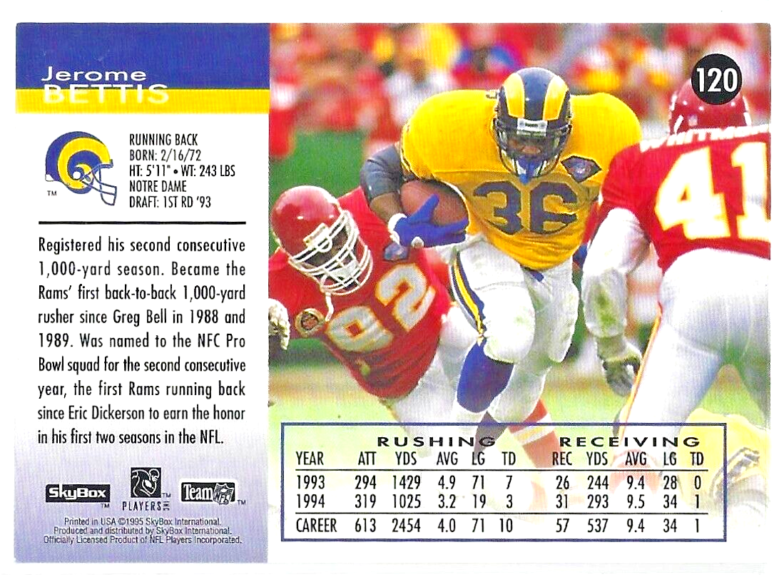 1995 SkyBox Impact Football Card #120 Jerome Bettis Rams HOF | eBay