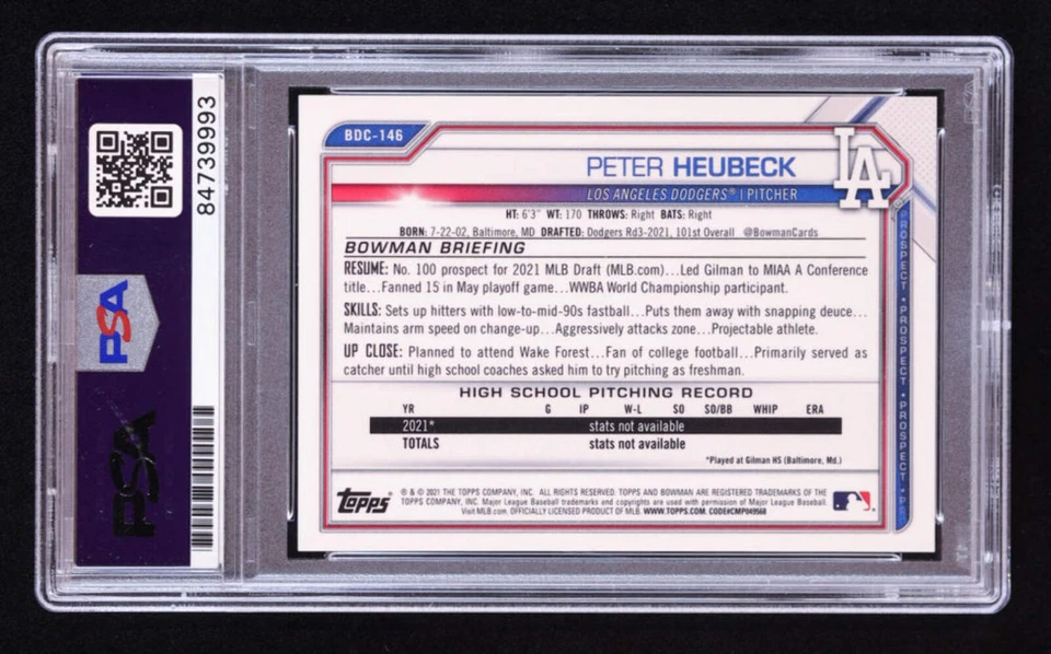 Peter Heubeck Signed 2021 Bowman Chrome Draft Blue Refractors #BDC146 #117/150 R - Image 2 of 2