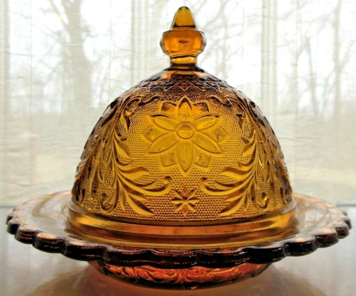 Tiara Indiana Glass Amber Sandwich Round Cheese Ball Butter Dish & Cover