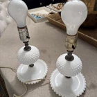 Vintage Pair Hobnail Electric Bedside Lamp White Milk glass Beaded 10" tall